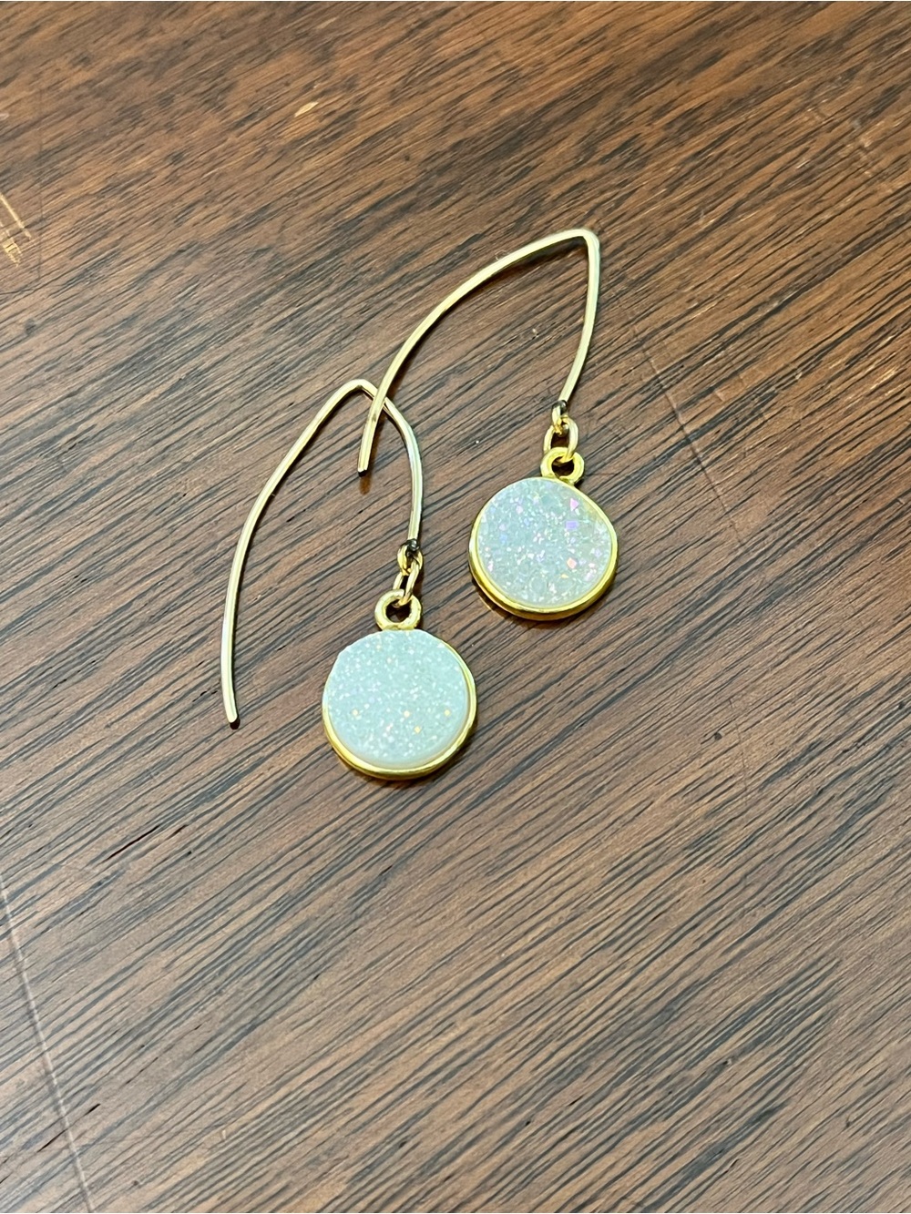 Gold Dangle Earrings with Sparkling White Druzy Discs